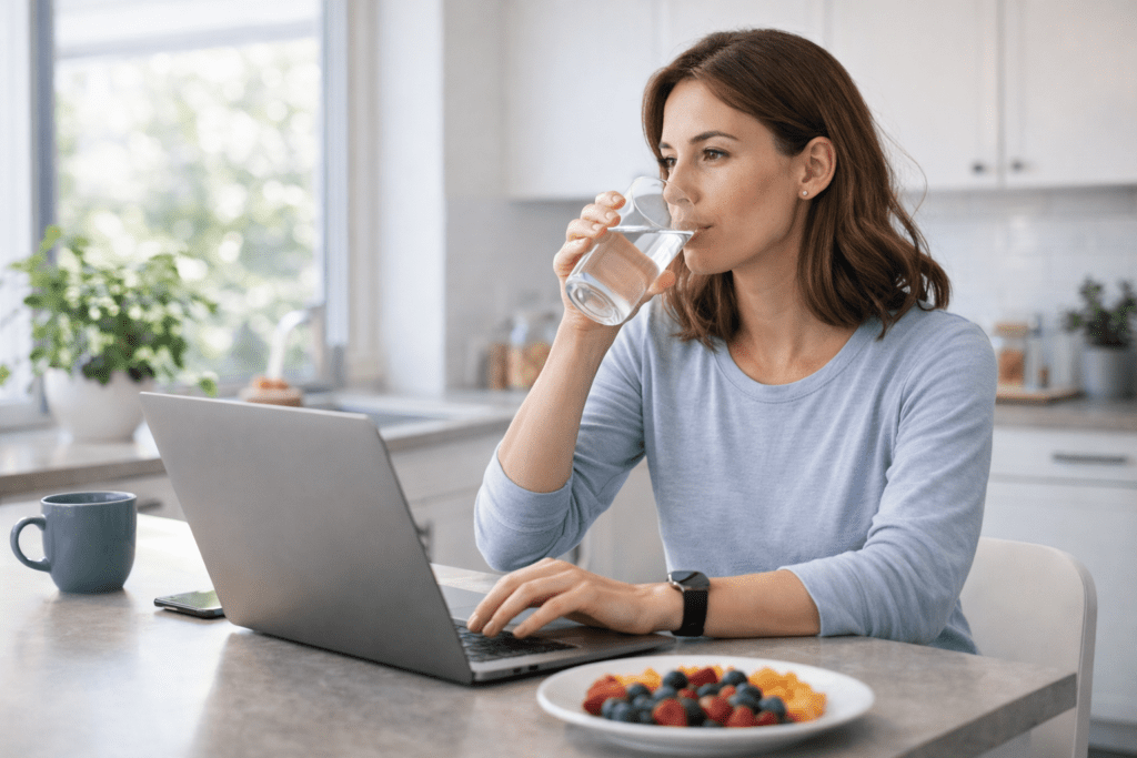 woman drinking water to maintain energy levels during workday