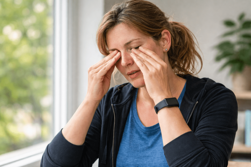 woman resting after a short outdoor walk feeling slightly tired