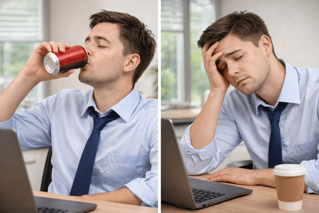 drinking sugary drinks causing energy crash and fatigue