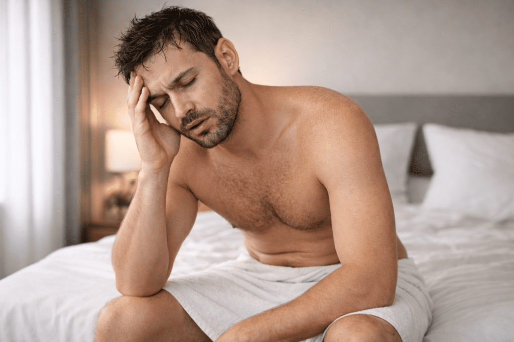 man feeling fatigued after hot shower