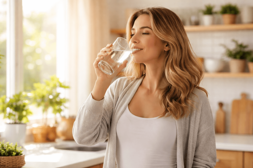 woman drinking water after waking up to boost energy