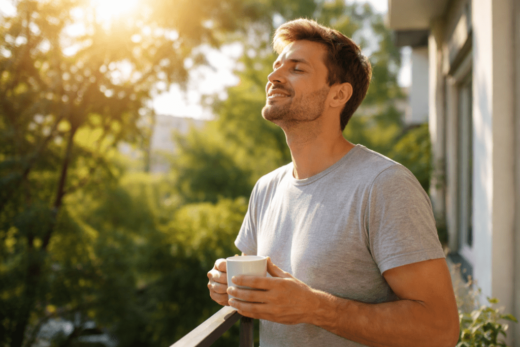 Person getting sunlight in the morning to align circadian rhythm.