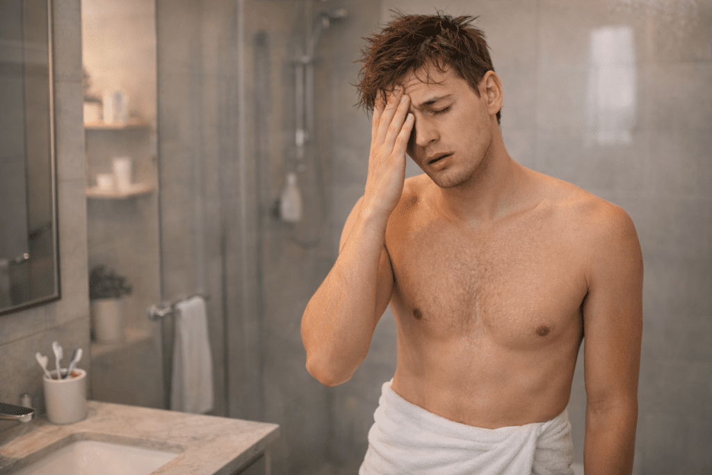 young man feeling sleepy after morning shower
