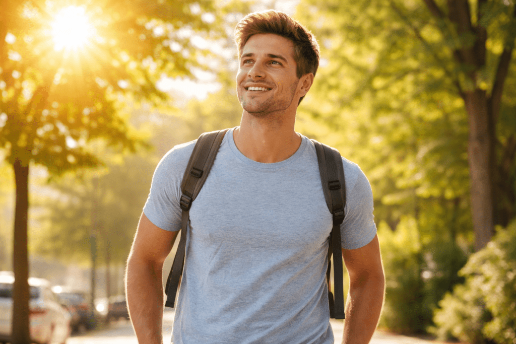 man walking in morning sunlight to boost alertness