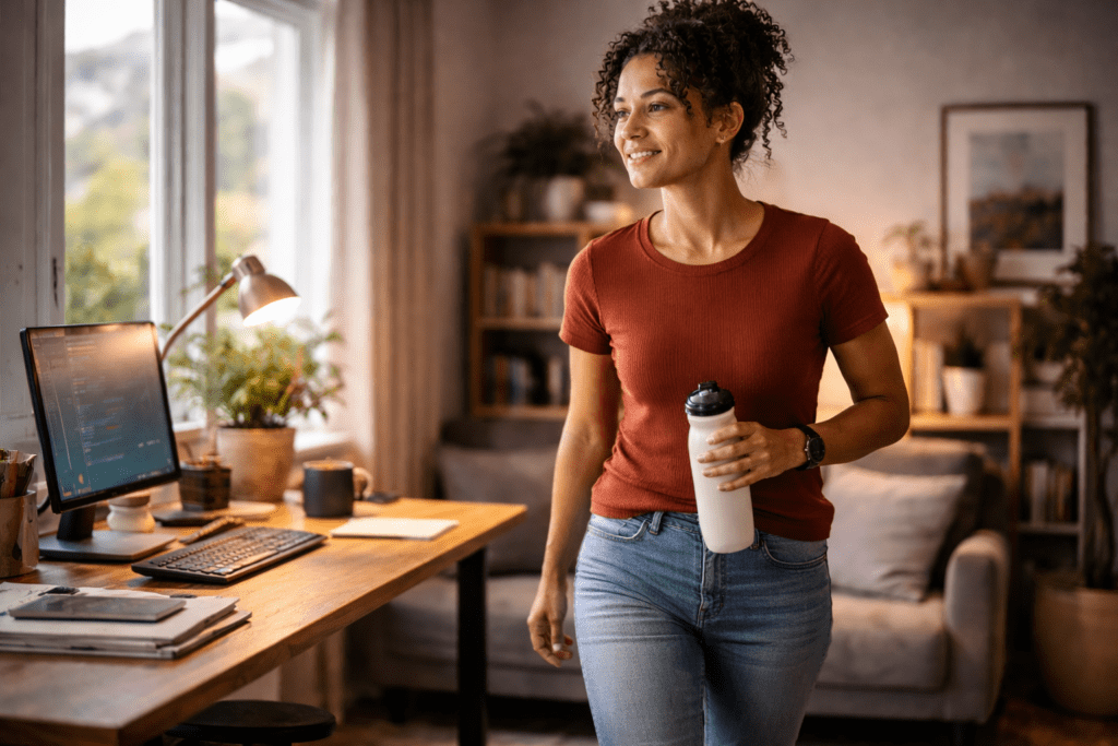 taking a walking break during workday to restore energy