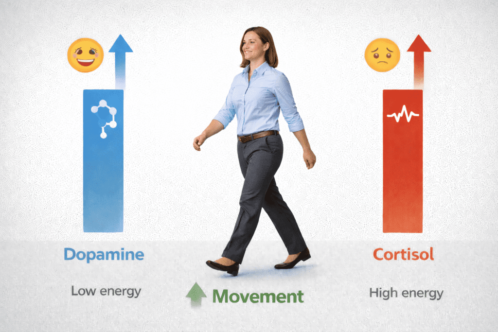 Physical movement stimulating hormones that support energy and alertness