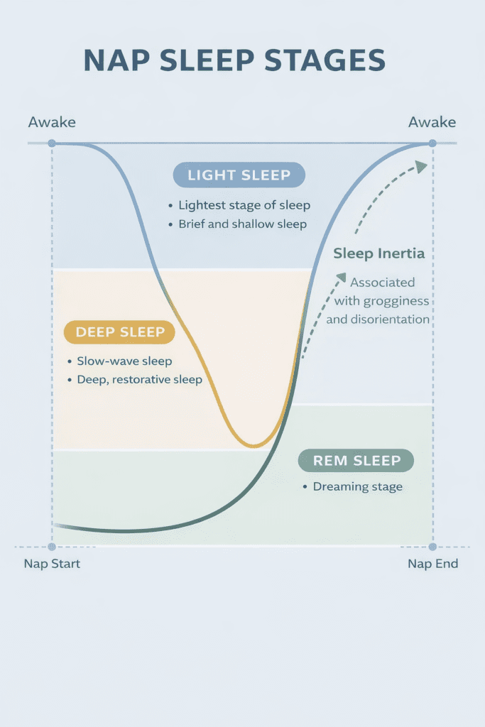 infographic explaining nap sleep stages and sleep inertia