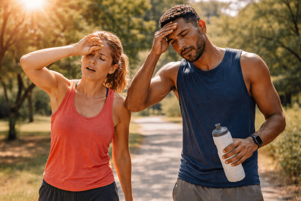 Joggers feeling drained and tired after exercising under direct sunlight.