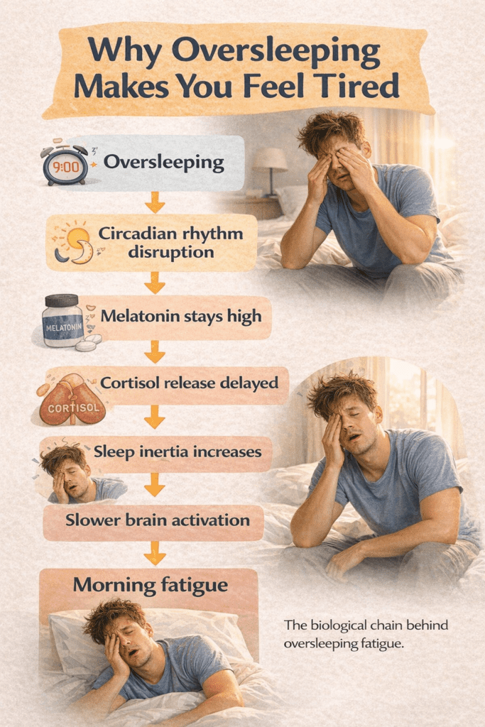 infographic explaining why oversleeping causes fatigue