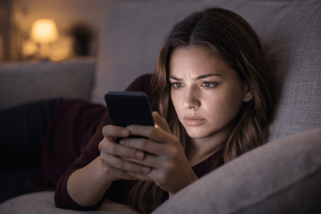 young woman using phone close to eyes causing screen fatigue