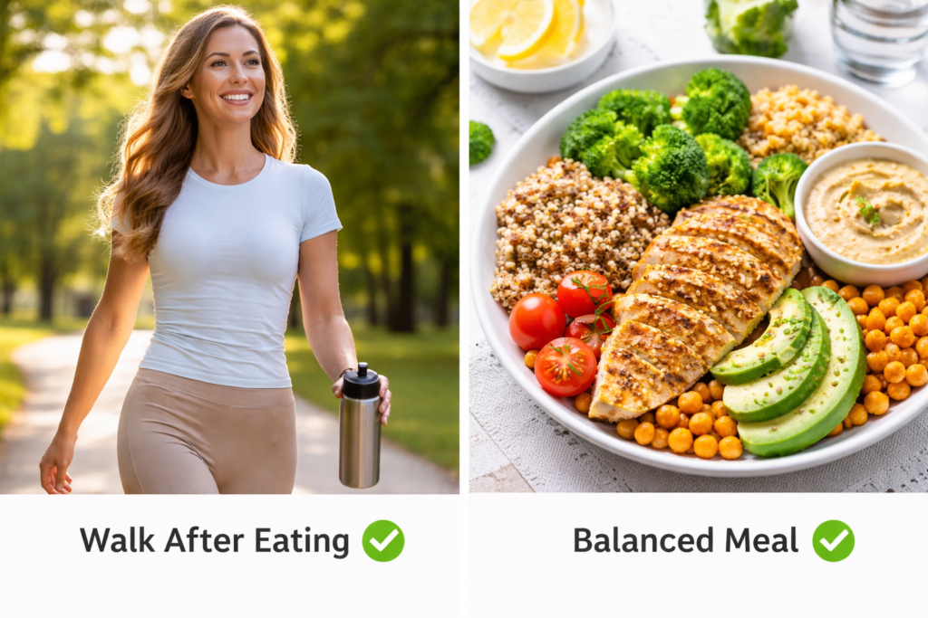 walking after eating and balanced meal to prevent energy crash
