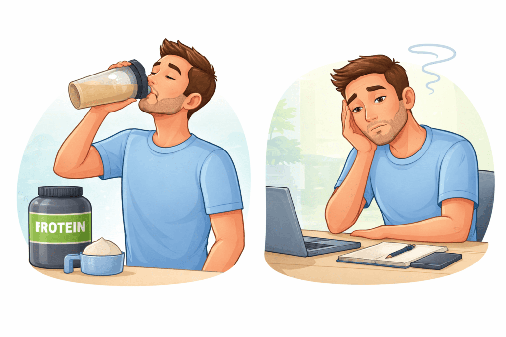 person feeling tired after drinking protein shake