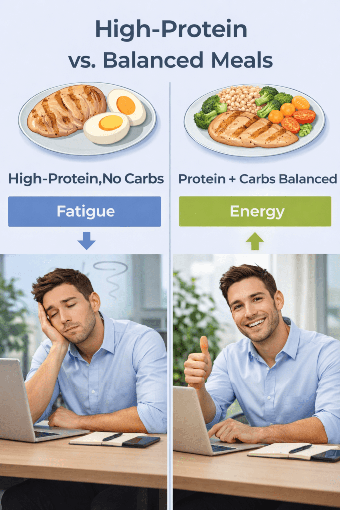 comparison between high protein low carb meal and balanced meal energy levels