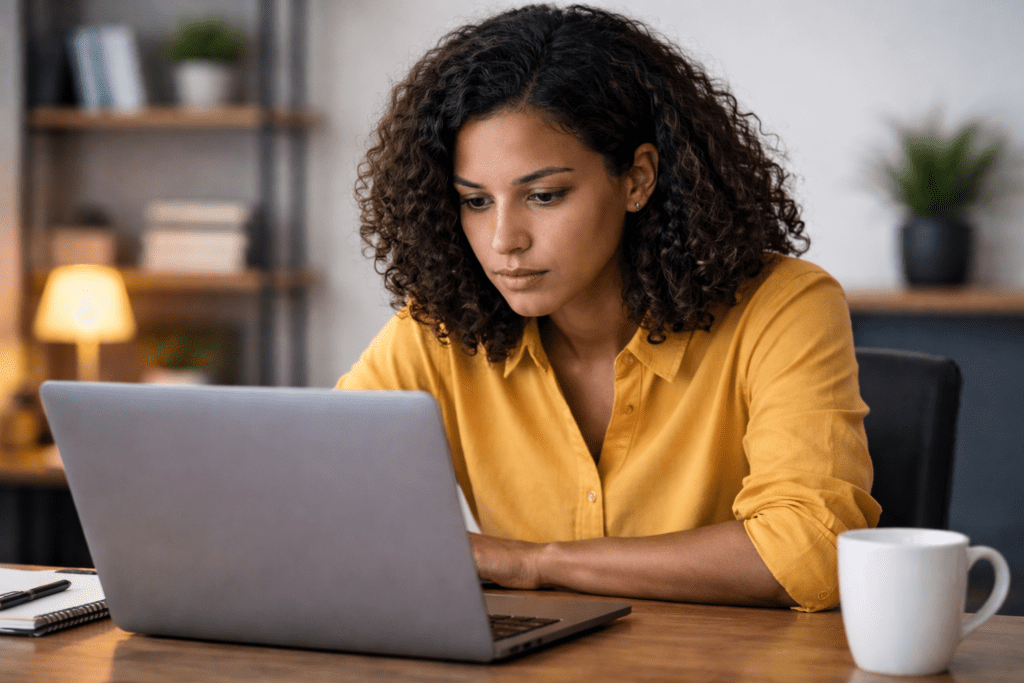 woman staring at laptop screen with reduced blinking