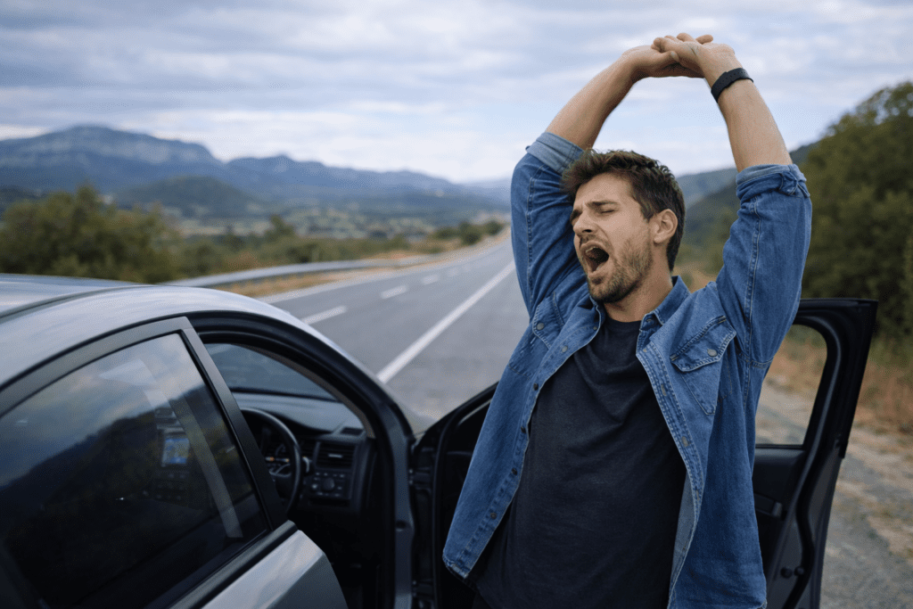 Driver stretching during break to reduce driving fatigue