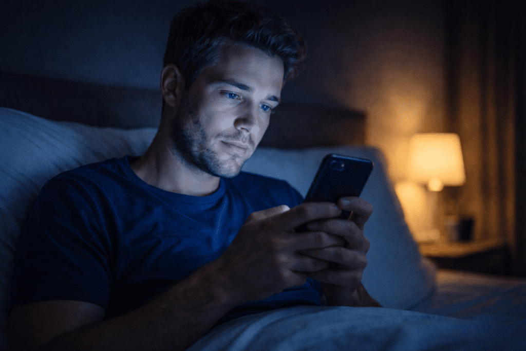 Person using phone at night with blue light, causing mental fatigue.