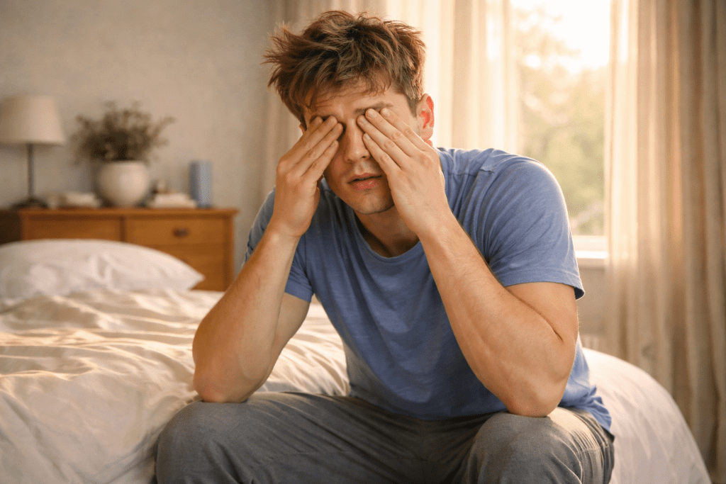 man experiencing sleep inertia after oversleeping