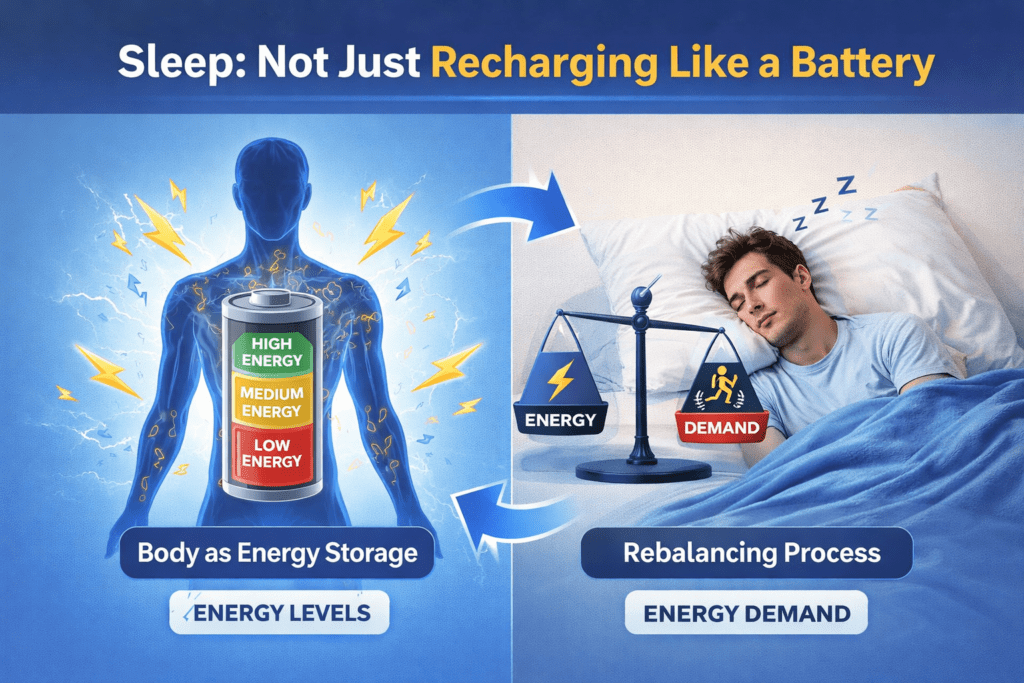 Infographic showing why sleep isn't like recharging a battery, and how energy is regulated