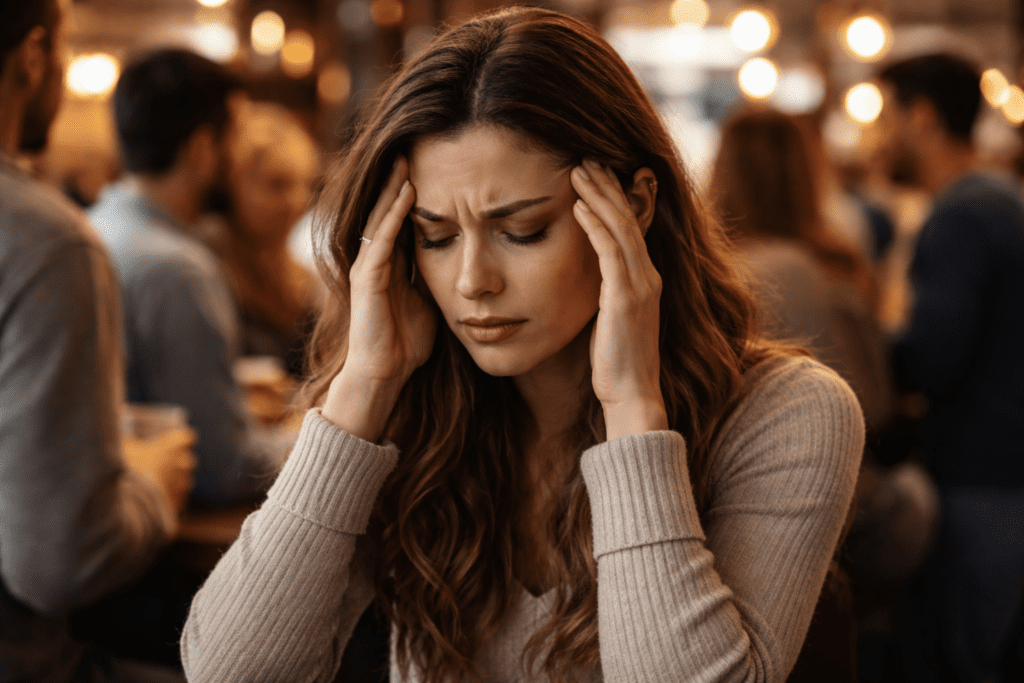 woman overwhelmed in crowded noisy environment social fatigue sensory overload