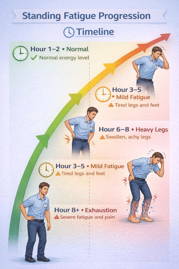 Infographic showing how fatigue builds during long hours of standing