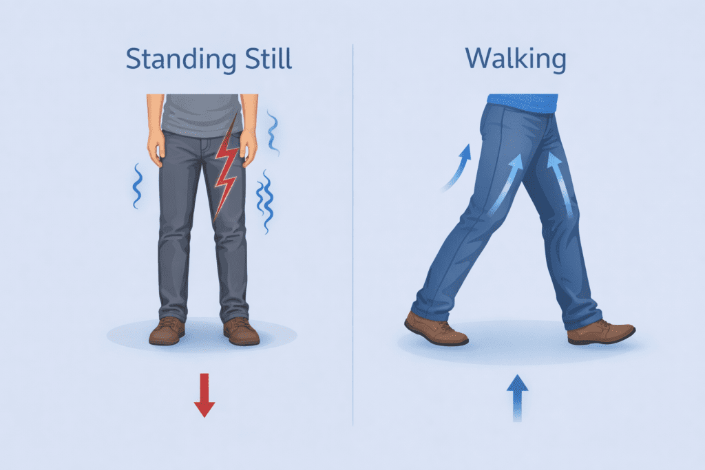 Comparison between standing still and walking effects on fatigue and circulation