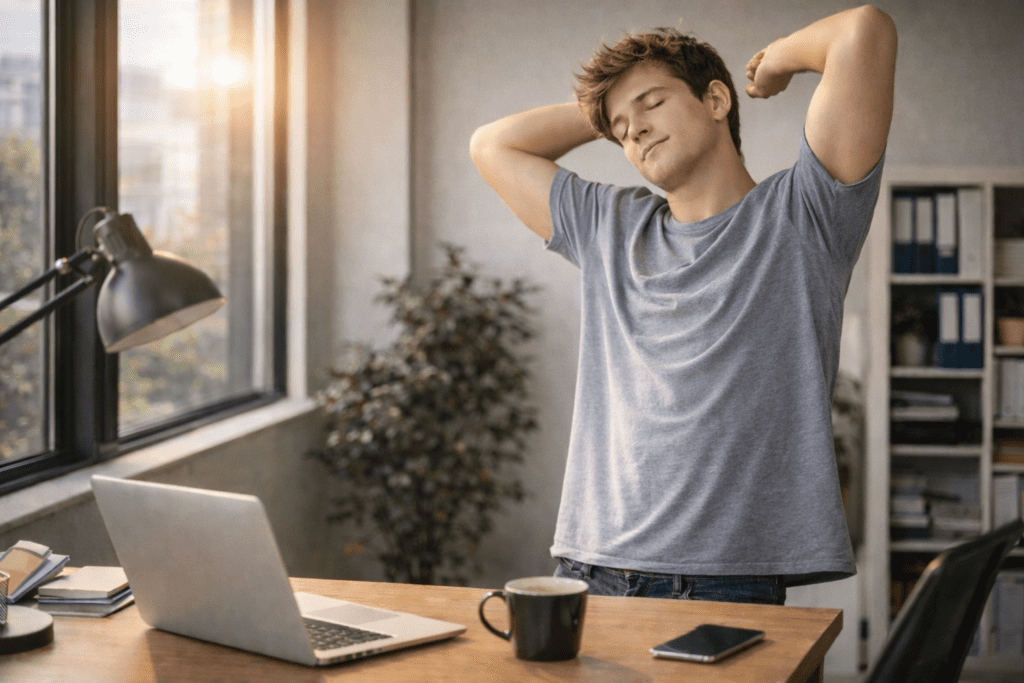 man stretching after nap to overcome sleep inertia