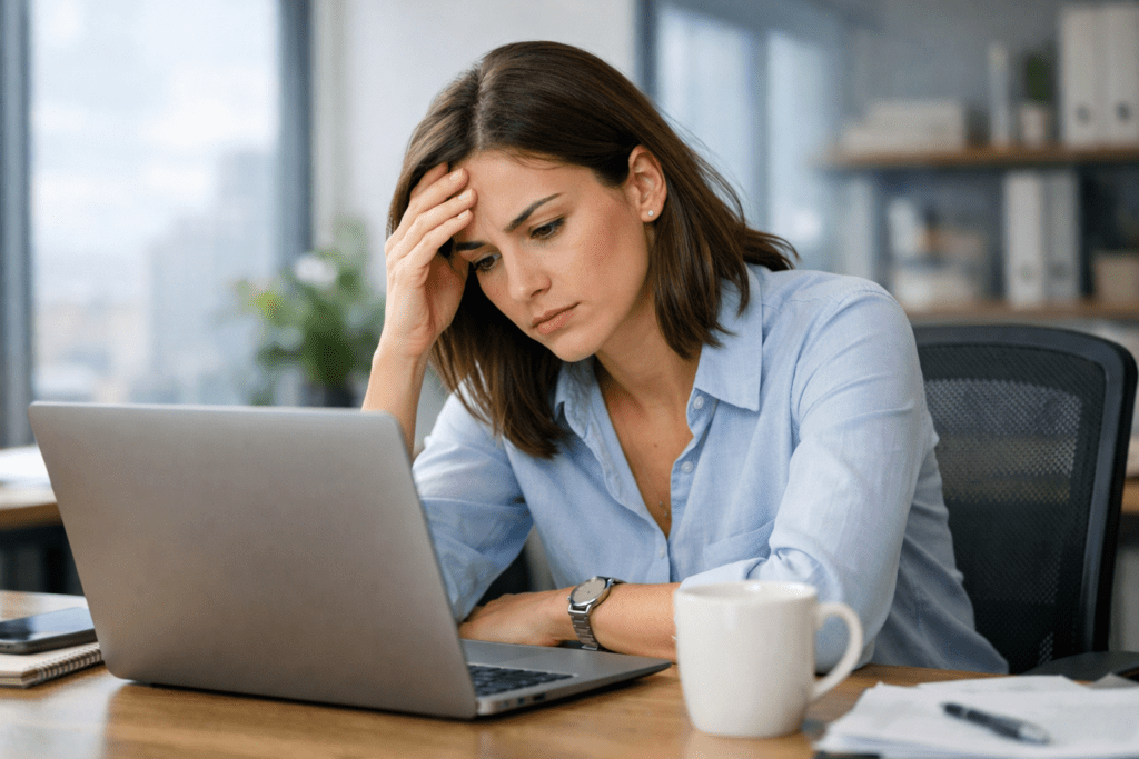 woman experiencing sudden fatigue while working at a desk