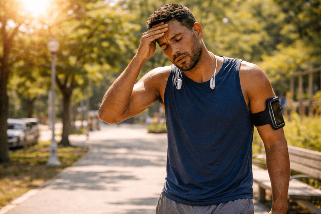 Man feeling fatigued after walking in hot sunlight