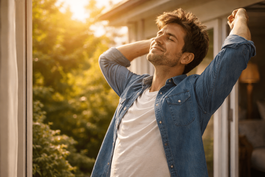 man stepping outside after nap to reduce grogginess