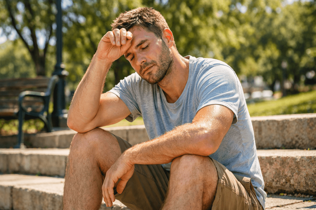 Man feeling exhausted after spending time in the sun outdoors