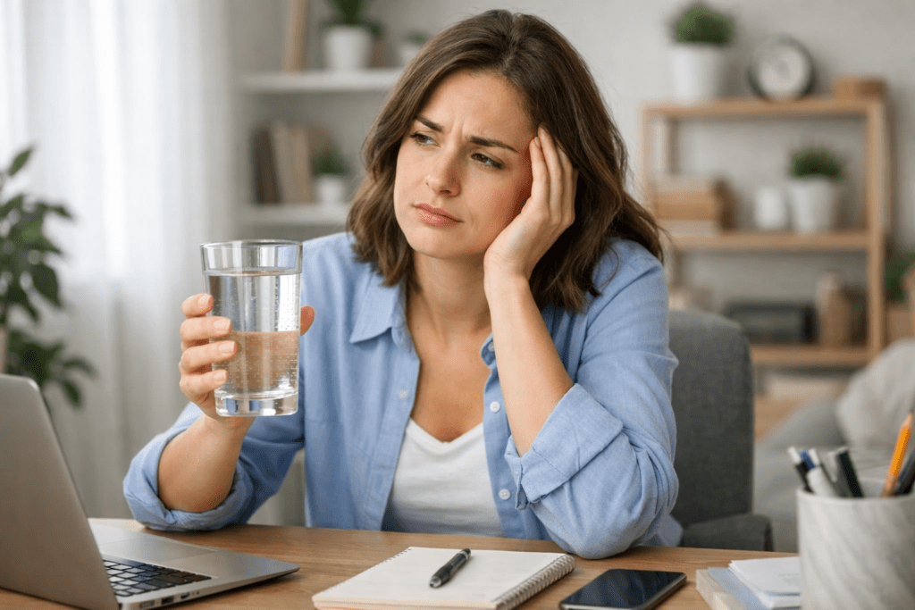 Woman feeling tired after drinking a large glass of water at her desk