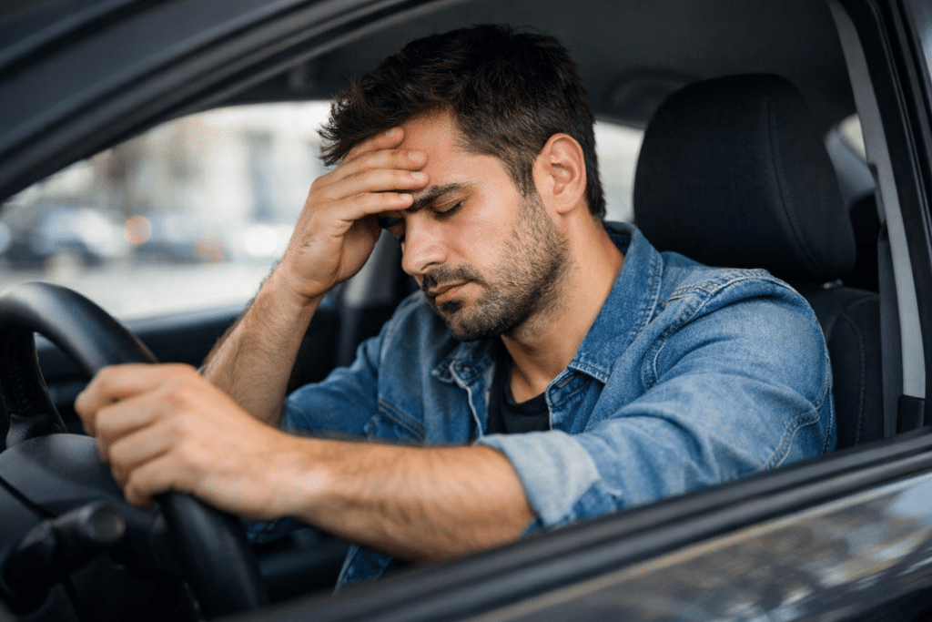 Man feeling mentally exhausted after driving long distance