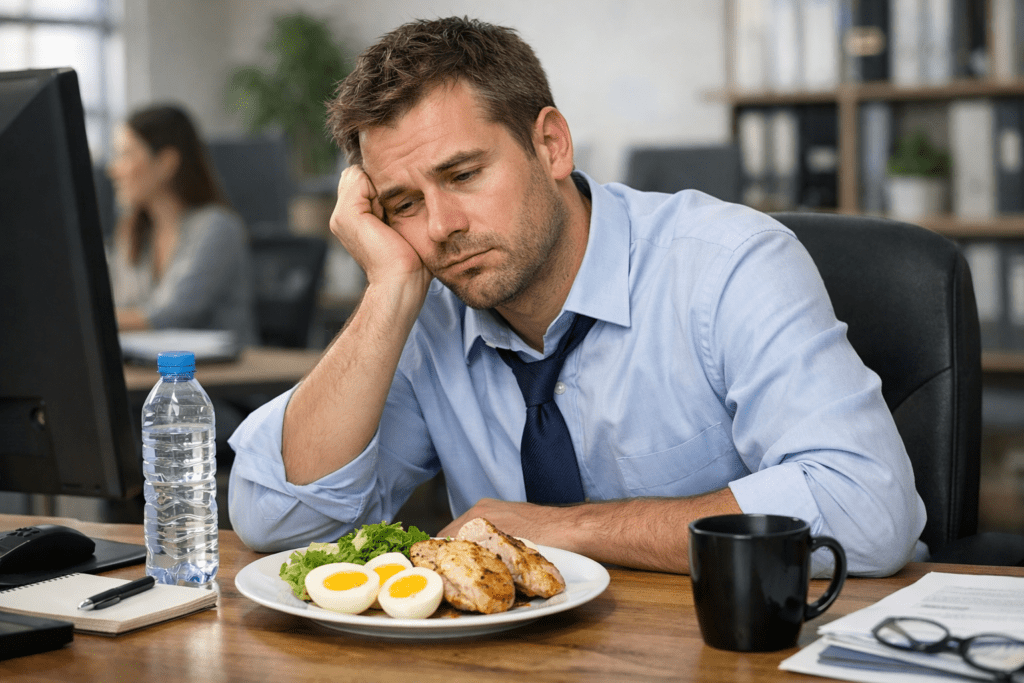 man feeling tired after eating a high protein meal at work