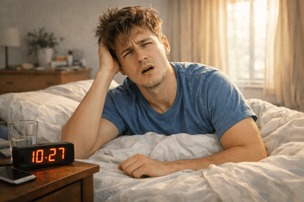 Immediately visualizes the problem: waking up tired after oversleeping.