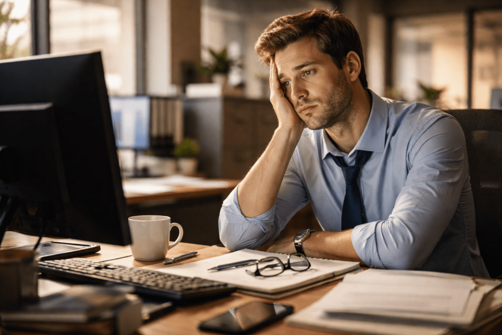 Office worker feeling tired after sitting too long at a desk during the workday