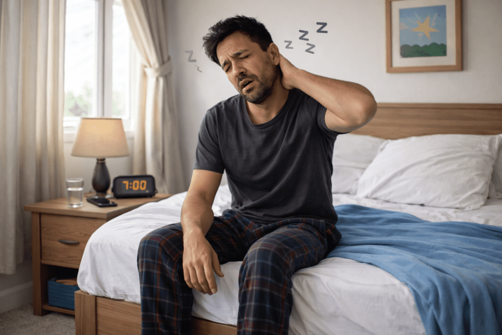 Young man feeling tired in the morning despite getting enough sleep