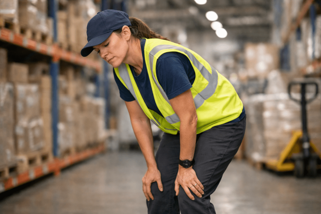 Tired worker experiencing fatigue after standing all day during long shift