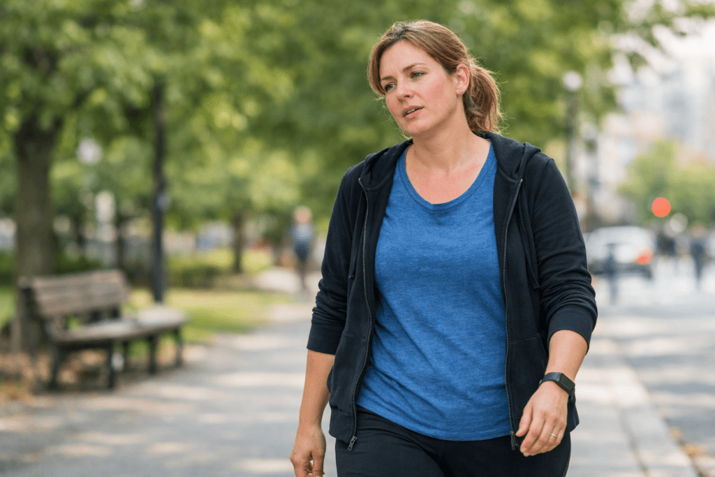 Person walking outdoors, slightly fatigued after a short walk in the park.
