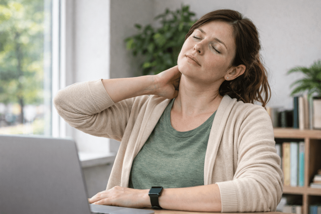 Person sitting at desk, feeling tired after a walk outdoors, shifting into recovery mode.