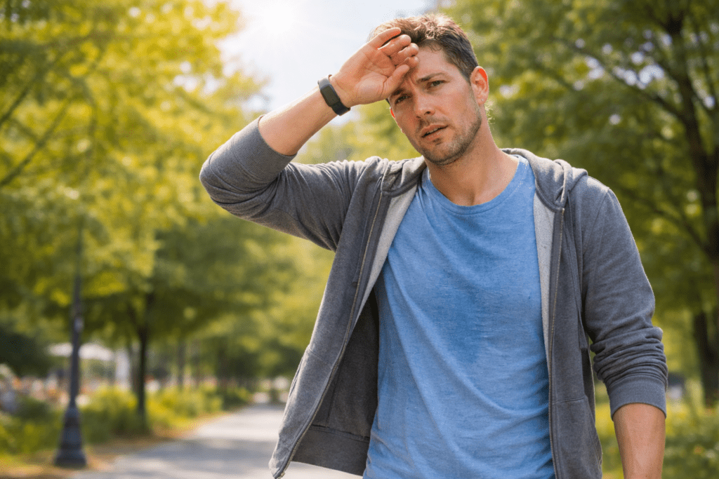Man walking in bright sunlight, feeling tired due to sun exposure.