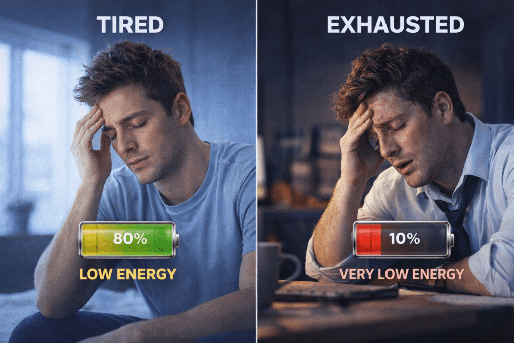 Comparison between feeling tired and being exhausted, with energy differences