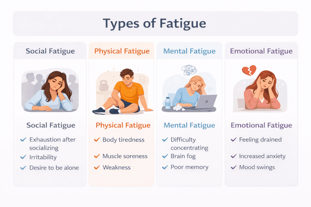 comparison of social fatigue vs physical vs mental fatigue infographic