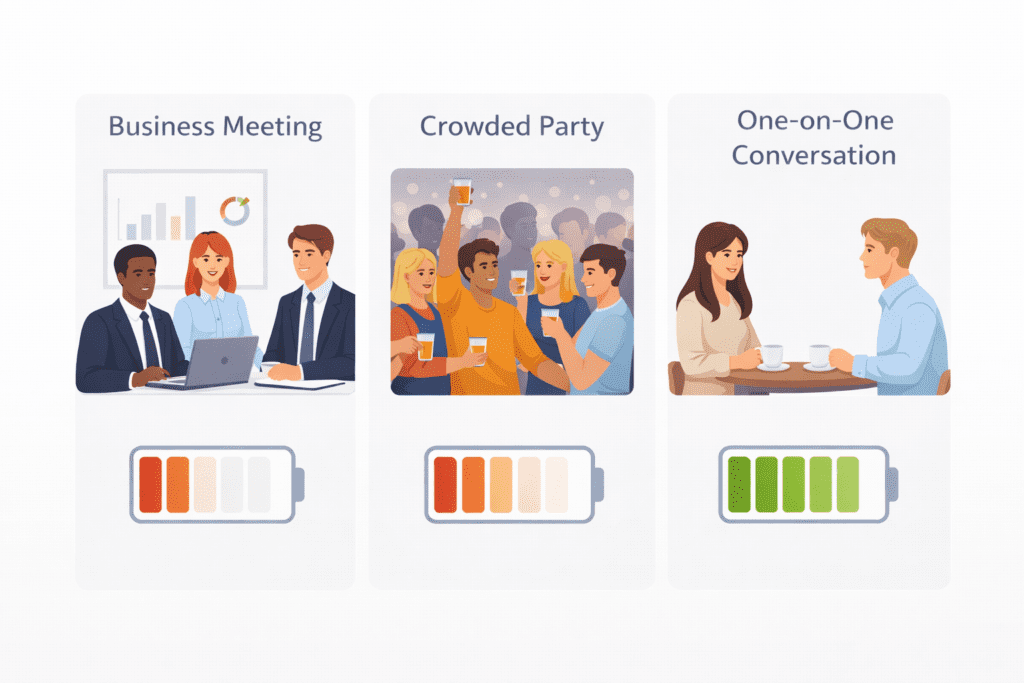comparison of social situations meeting party one-on-one energy impact