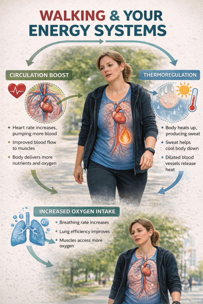 Infographic showing how walking activates multiple energy systems, including circulation, thermoregulation, and oxygen demand.