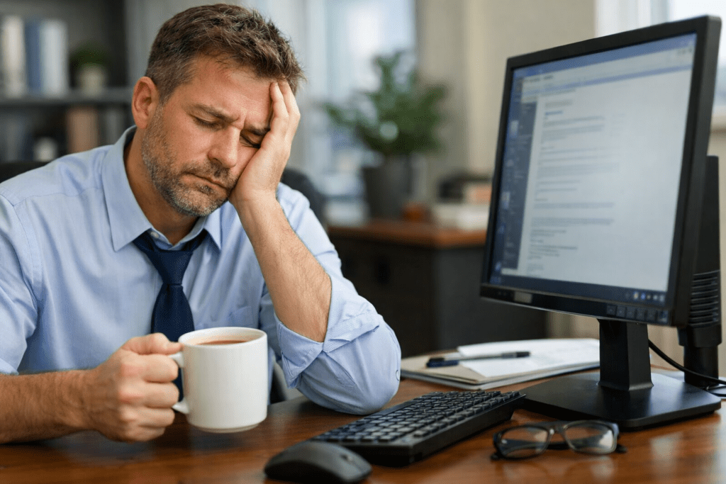 man feeling tired after eating carbs at lunch in office
