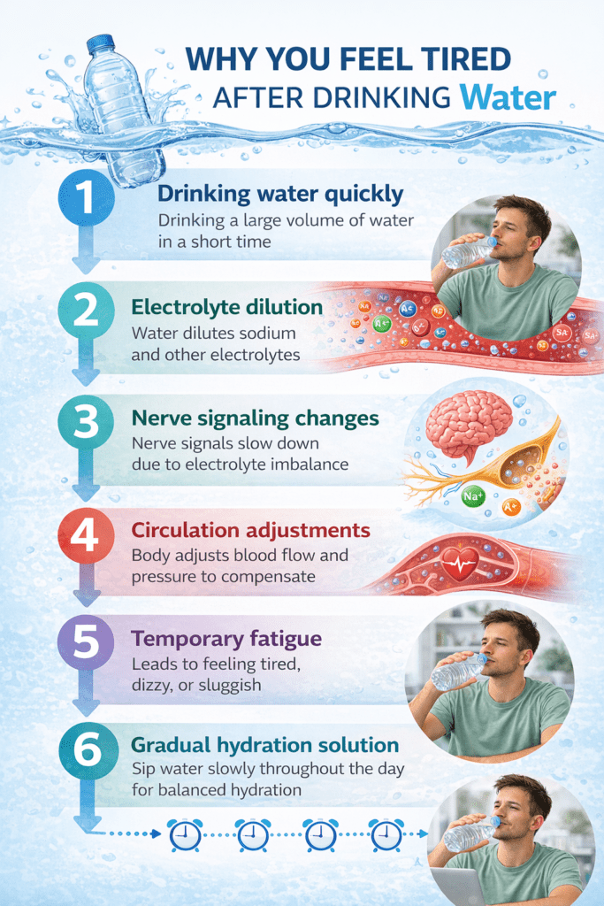 Infographic explaining why drinking water can sometimes cause fatigue