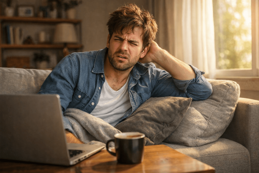 man waking up groggy after afternoon nap showing sleep inertia fatigue