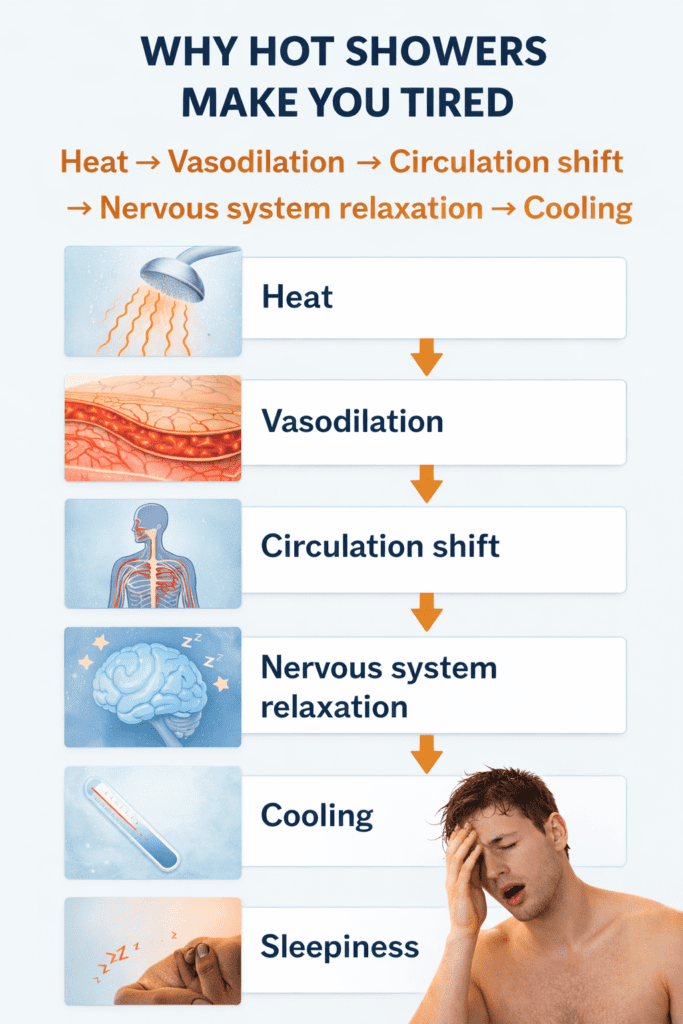 infographic explaining why hot showers cause fatigue