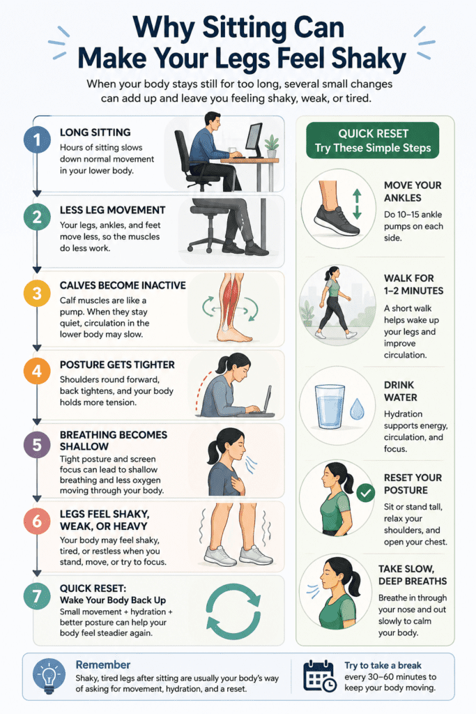 infographic explaining why sitting can make legs feel shaky and tired