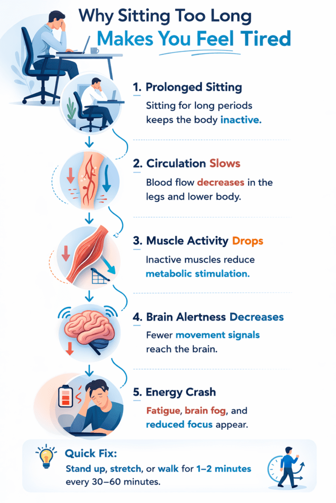 Infographic explaining how prolonged sitting affects circulation metabolism and energy levels